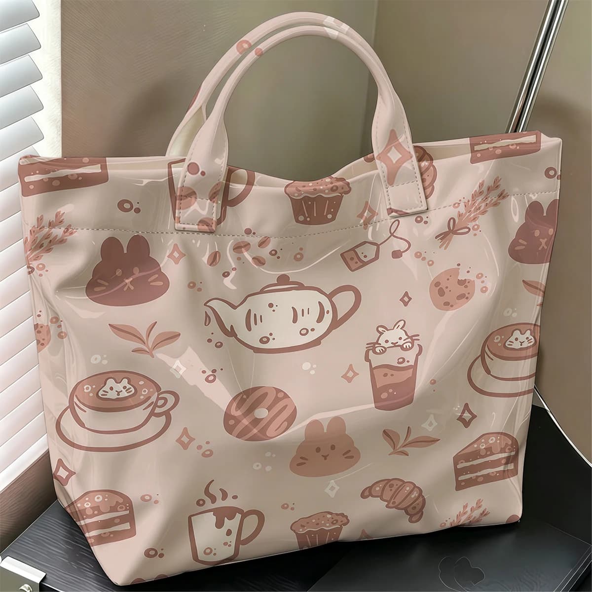 Caf Time Ditsy Fashion Large Glossy PVC Tote Bag Hand Washable Waterproof Perfect Travel Commute Cosmetic Storage Shopper