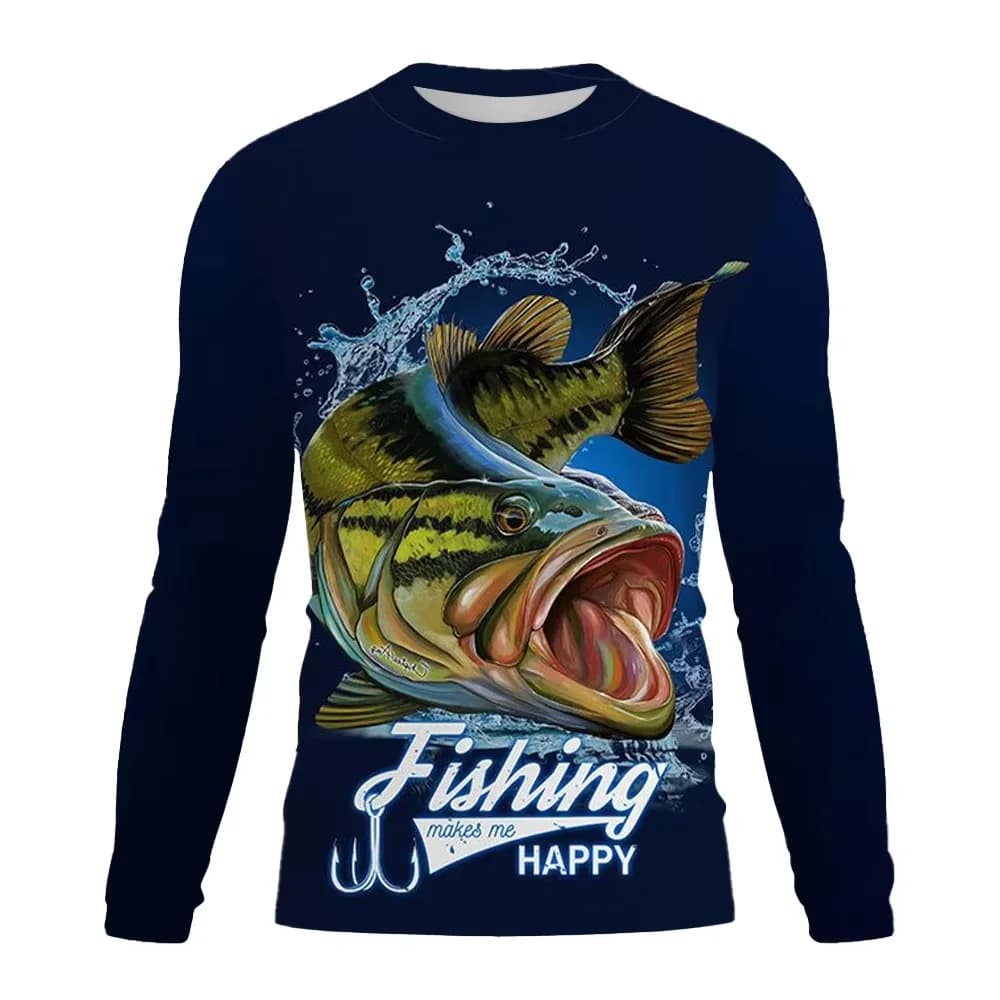 T-shirt casual alla moda con scollo rotondo e maniche lunghe, con divertente stampa di pesci, design alla moda, da indossare tutti i giorni