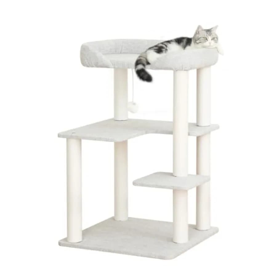 Albero per Gatti in Legno 95 cm con Piattaforma di Salto e Palla Giocattolo, Ideale per Gatti da Interno, Struttura per Arrampicata e Gioco