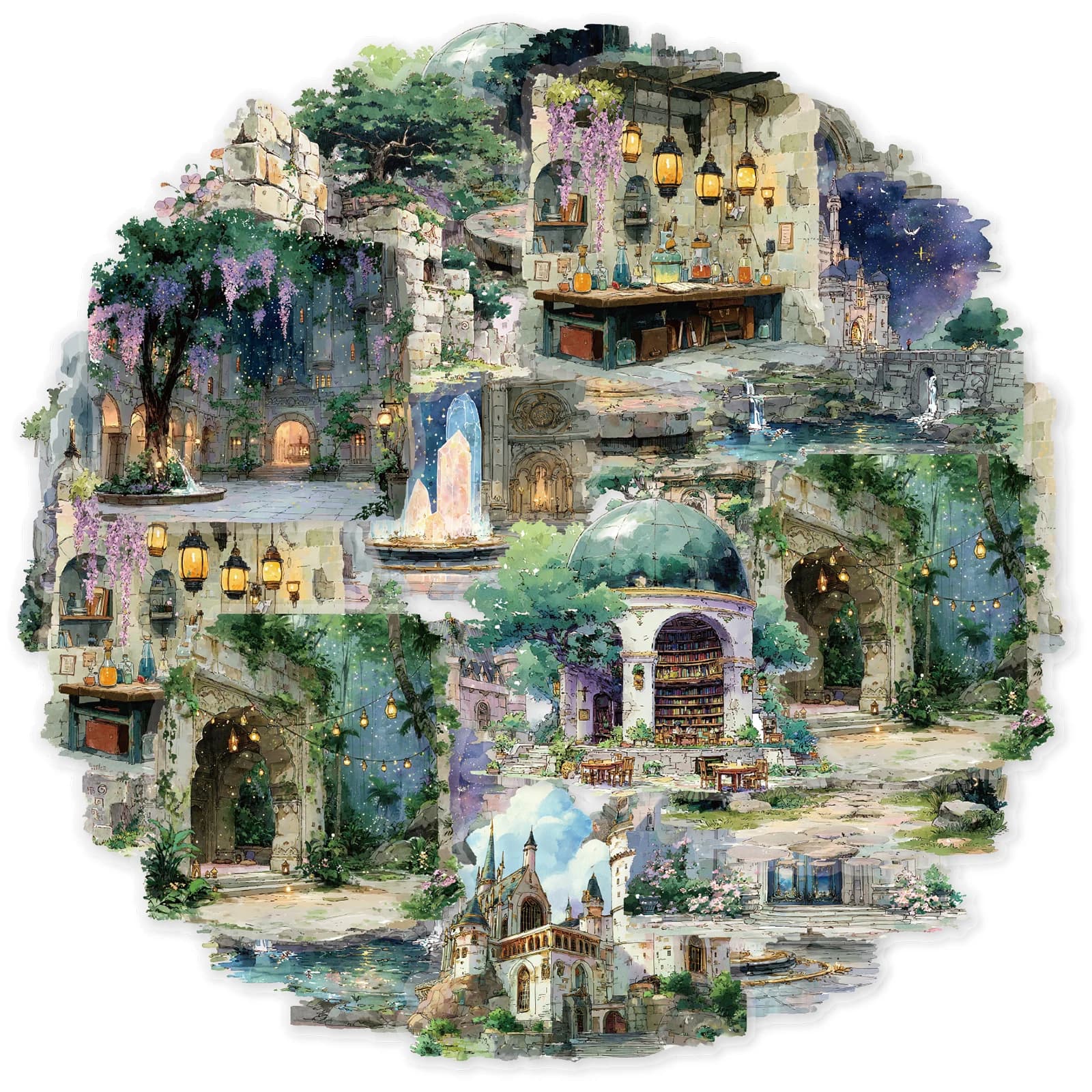 Etori Life Magic World Castello magico retrò Modello di architettura Adesivi per paesaggi di animali Forniture per scrapbooking fai da te, Decorazione della stanza, Adesivi per telefono, Album fotografico, Sacchetto di carta regalo per bambini, Festa retrò, Adesivi giocattolo, Decalcomanie fusturate impermeabili