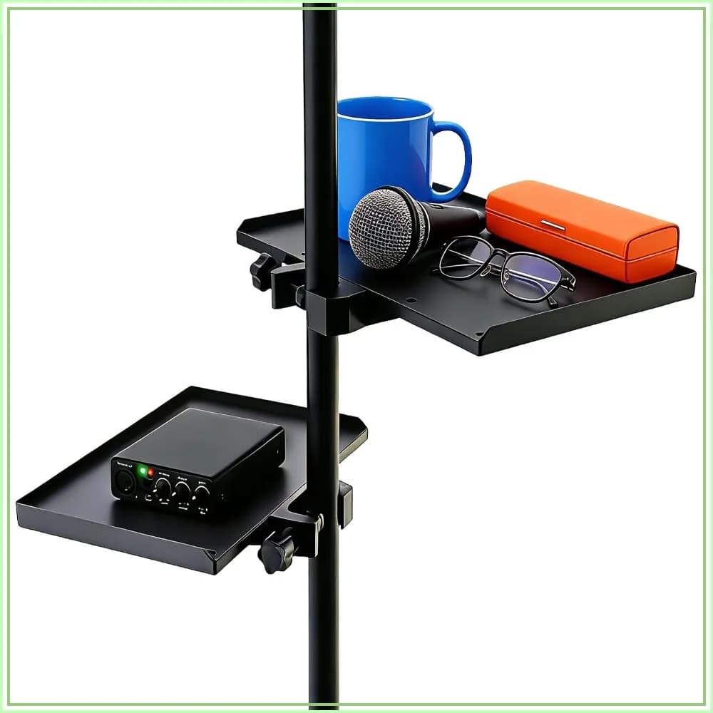 2Pcs Mic Stand Tray, Clamp-on Shelf for Recording Karaoke Live Streaming, 9.4"x6.8" & 7.9"x5.5", Max Load 1.5kg, Tool-free, Fits Tripod Stand, Music Stand, Holds Mixer, Sheet, Phone, Water Bottle