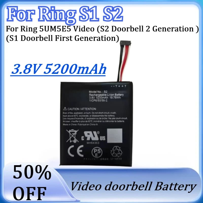 New 3.8V 5200mAh S1 S2 Replacement Battery for Ring 5UM5E5 Video (S2 Doorbell 2 Generation ) (S1 Doorbell First Generation)