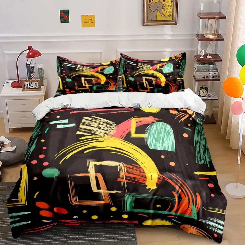 Set di biancheria da letto con stampa di sfondo con graffiti colorati astratti, morbido e confortevole, include 1 copripiumino e 2 federe.