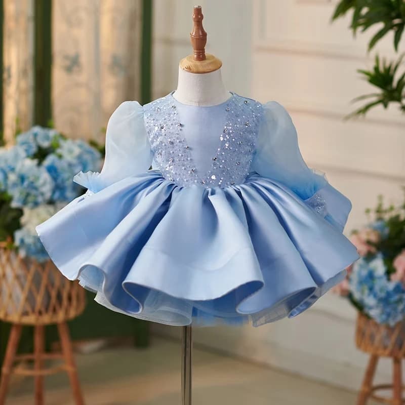 Abito da bambina Jill Wish M043 azzurro con corpetto in paillettes e maniche in organza a sbuffo – Gonna voluminosa in raso con fiocco sul retro