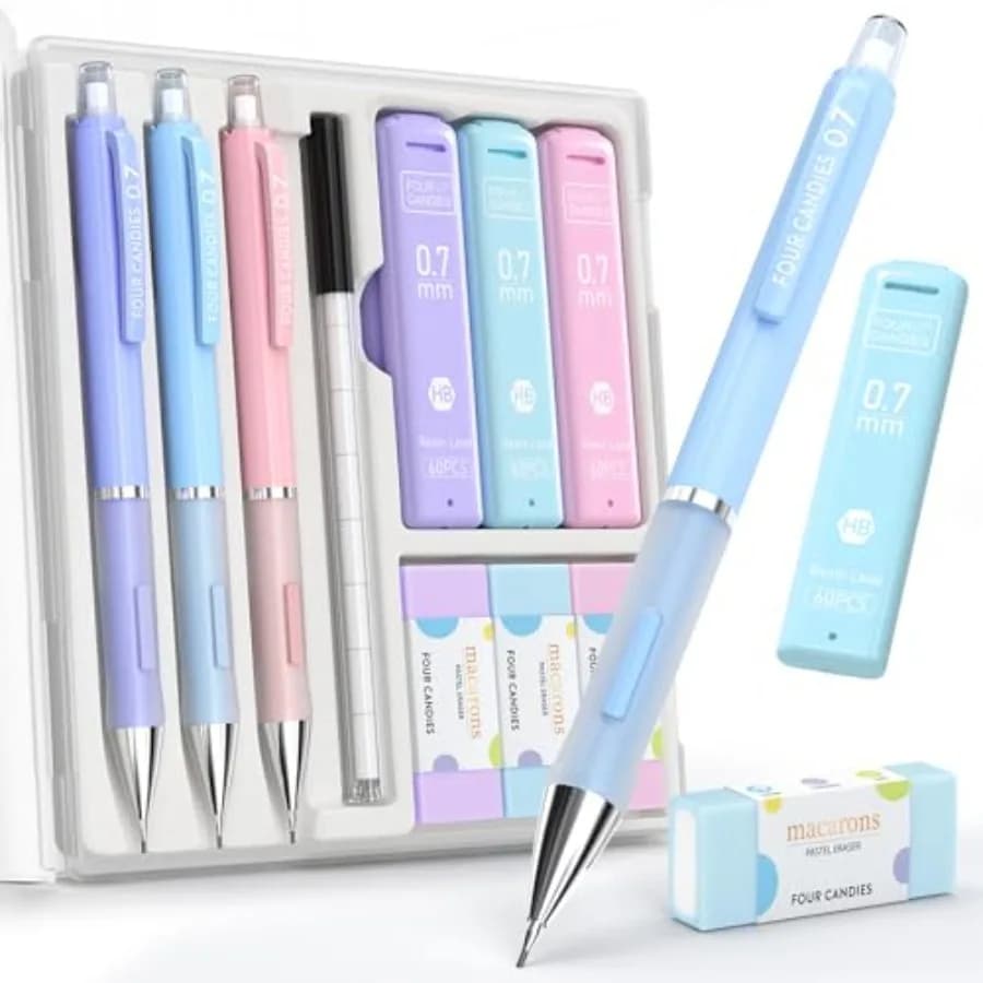 3PCS Cute Mechanical Pencils Set, with 360PCS Lead Refills, Pastel Erasers and Case, Clean Girl Aesthetic School Stuff for Teen