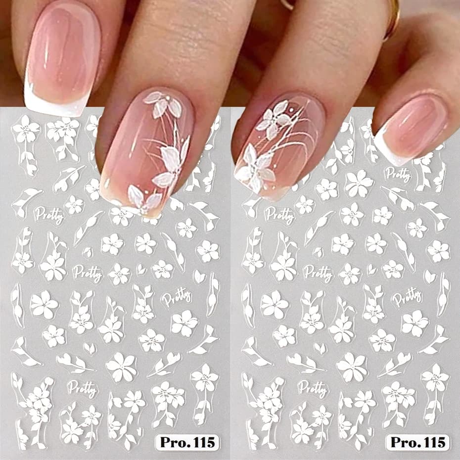 2 pezzi di fiori bianchi adesivi per nail art 3D Sakura fiori in fiore foglie autoadesive decorazioni per unghie cursori per manicure fai da te
