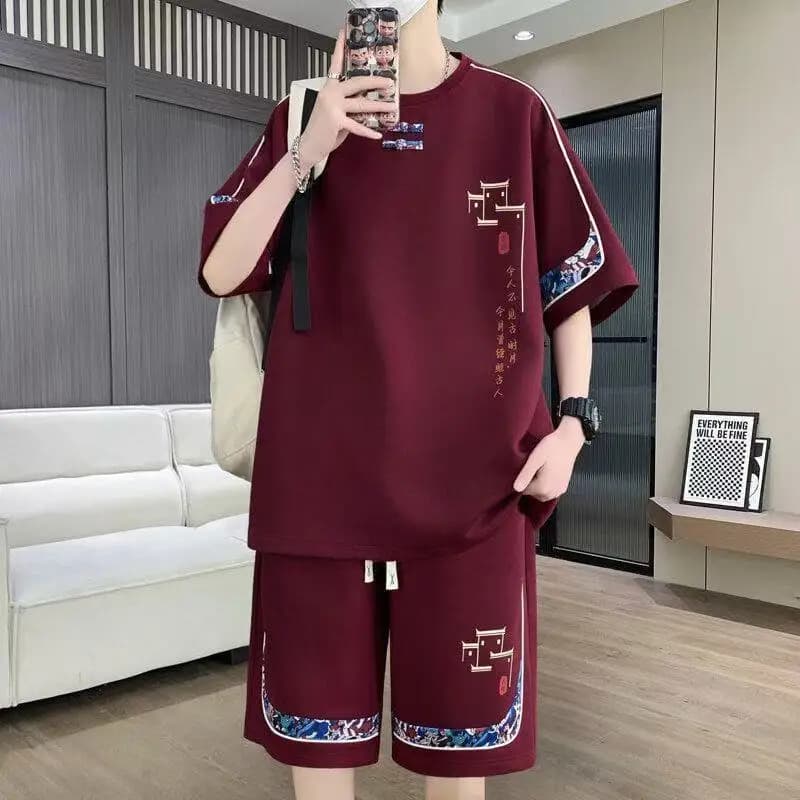 Completo Sportivo Estivo Casual da Uomo: T-Shirt a Maniche Corte e Pantaloncini in Poliestere per Studenti