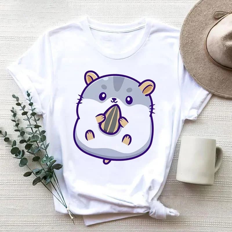 Cartoon Cute Hamster Cartoon Cute Hamster Baby Girocollo T-shirt nera girocollo di grandi dimensioni Top da donna