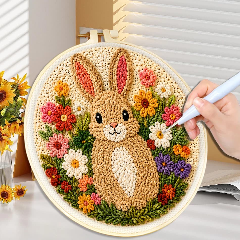 Punch Needle Embroidery Cartoon Kit Animal Floral Rabbit Embroidery Hoop Art Funny DIY Craft Set For Beginner Handmade Gift