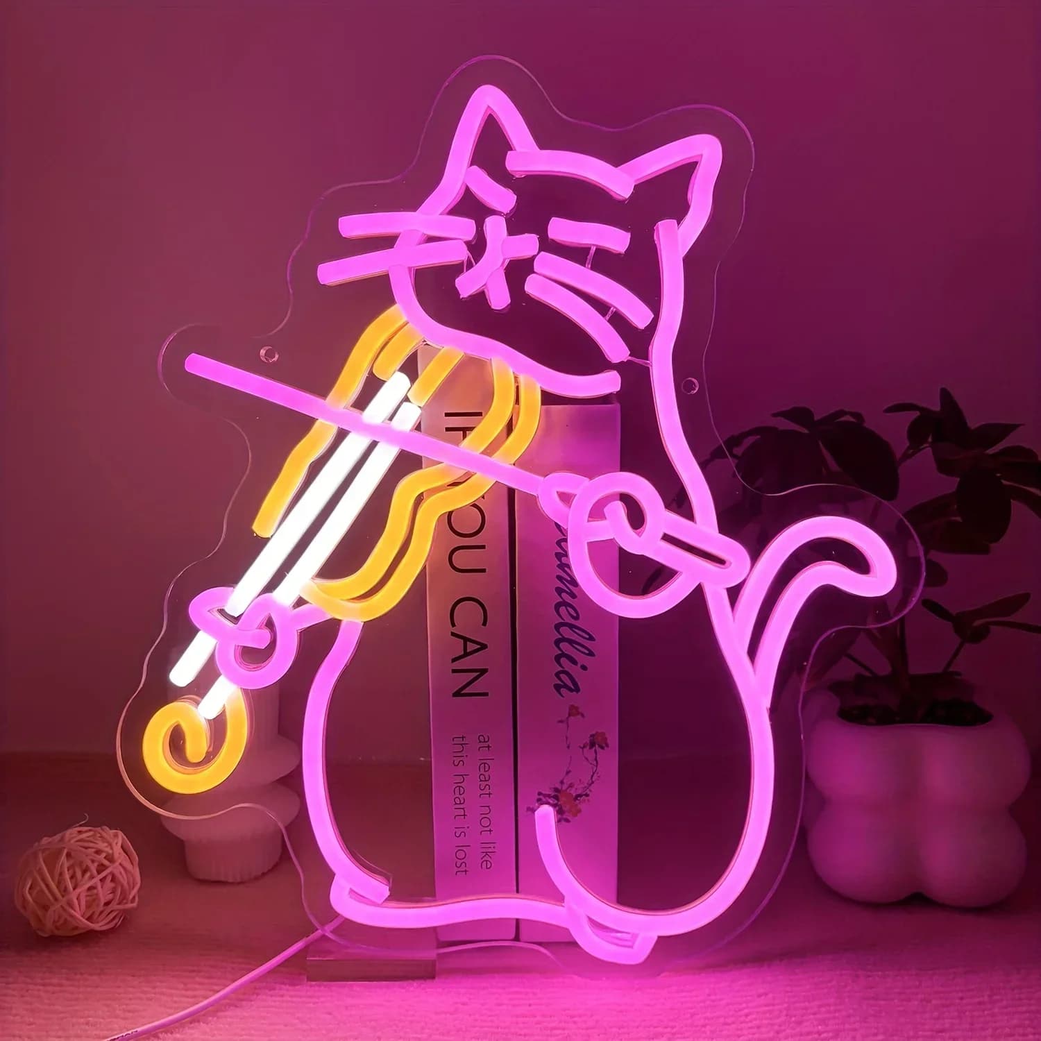 Insegna al Neon LED a Forma di Violino con Gatto, Luce al Neon USB Dimmerabile per Bar Musicale, Aula, Club, Soggiorno, Regalo di Compleanno, Decorazione Murale