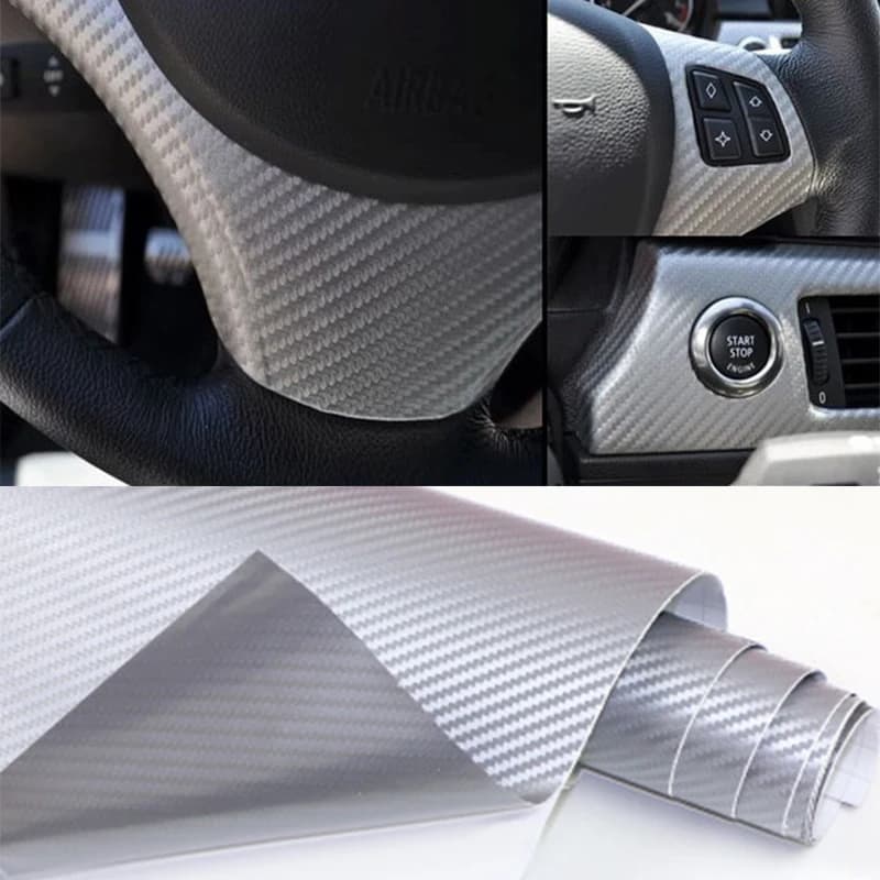 150cm Silver 3D Carbon Fiber Car Wrap Vinyl Covering Film Sticker Decal Roll Sheet w/ Air Bubble Release 5Ft 60" inches