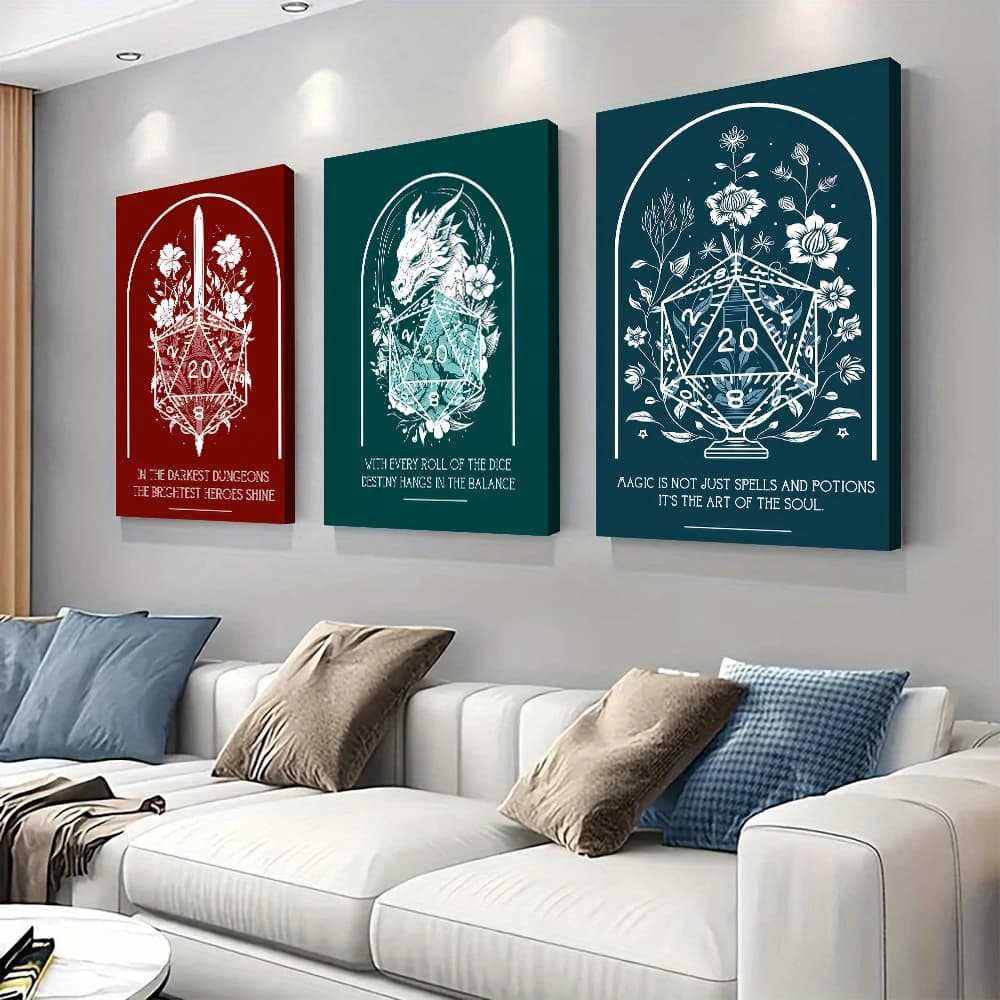3 pezzi, decorazione su tela a tema DND, drago e mazza, 20 modelli di dadi e spade, citazioni ispiratrici, decorazioni per la casa, gioco p