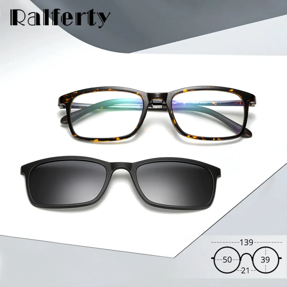 Ralferty Polarized Sunglasses Men Women 2 In 1 Magnetic Clip On Glasses TR90 Eyeglass Frames Vintage Leopard Square Magnet Clips
