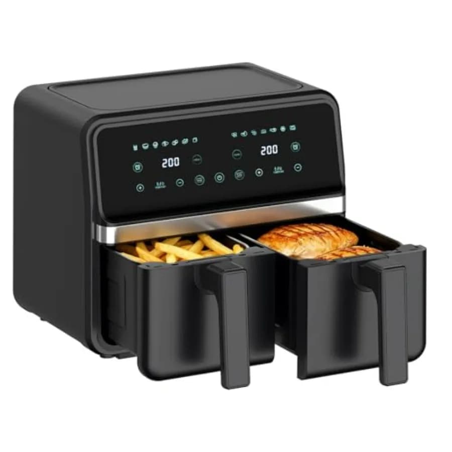 Air Fryer with Double Basket 8 Quarts, Digital Touchscreen, Intelligent Synchronization, Automatic Switching, 2 Independent Cestelli 4 Quarts, Anti-agent, Dishwasher Washable