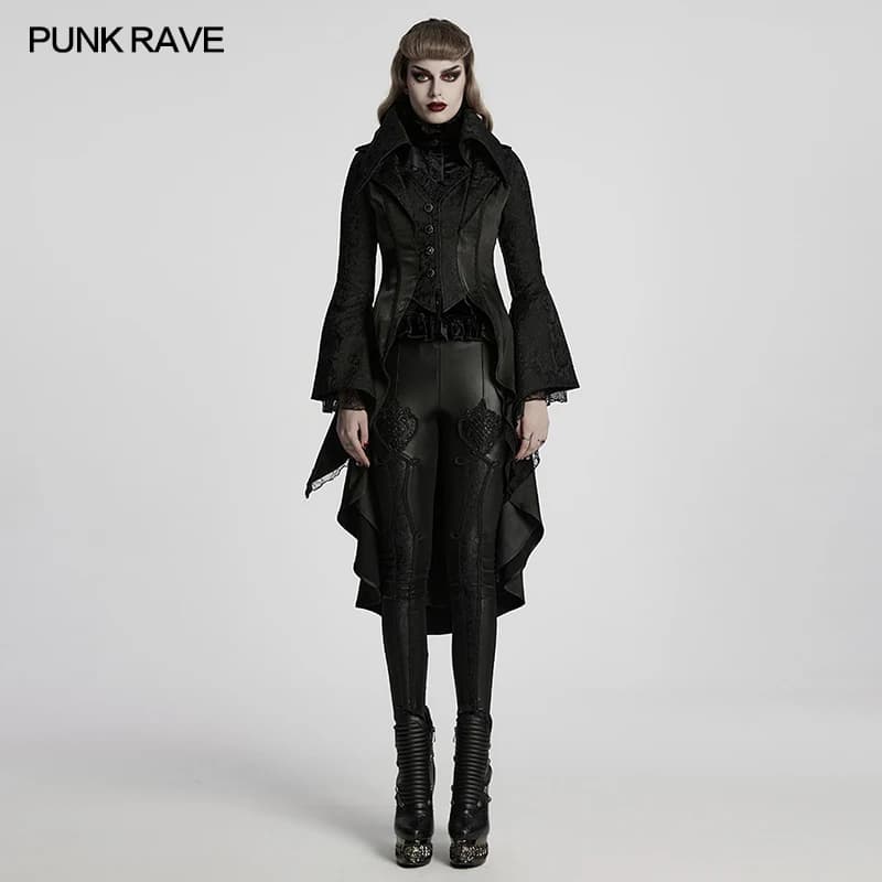 PUNK RAVE Giacca da donna gotica splendida in pizzo jacquard palazzo alto-basso design sovrapposto giacche lunghe da club per feste di bellezza a strati