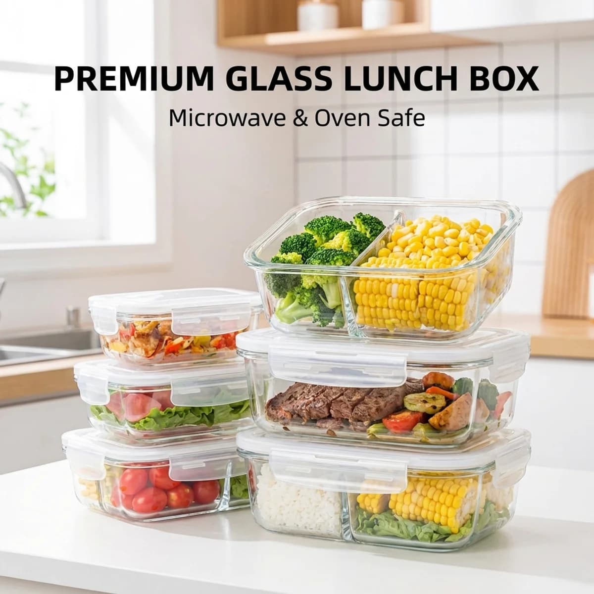 Contenitore per Pranzo in Vetro Bianco con Scomparti - Contenitore per Alimenti Ermetico Senza BPA, Adatto al Microonde per Preparazione Pasti