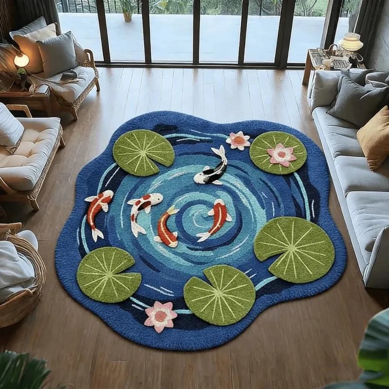 VIKAMA Koi Fish Pond Print Irregular Round Area Rug Non Slip Floor Carpet for Living Room Zen Home Decor