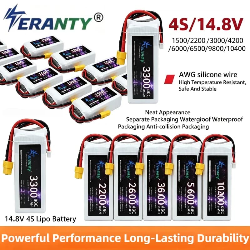 4S 14.8V LiPo Battery 1500-10400mAh Optional, Rechargeable Lithium Cell as Spare Parts for RC Car, Drone & Racing Models