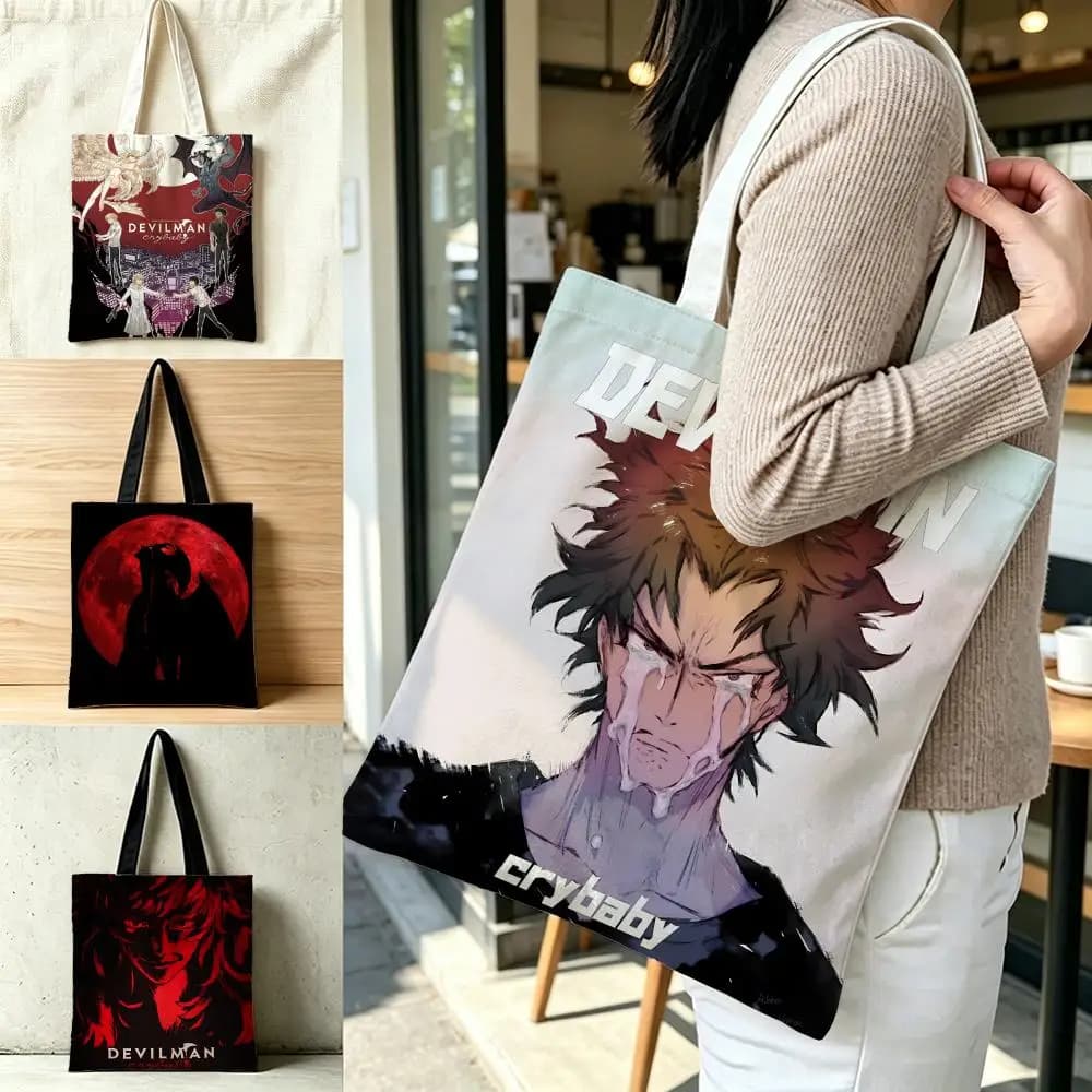 Anime Devilman Crybaby Storage Bags Polyester Canvas Foldable Tote Bag Lightweight Reusable Shopping Shoulder Bag