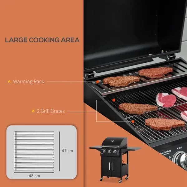 Barbecue a Gas Portatile da Esterno a 3 Bruciatori con Carrello, Ruote, Griglia Riscaldante, Ripiani, Armadietto e Termometro - Nero