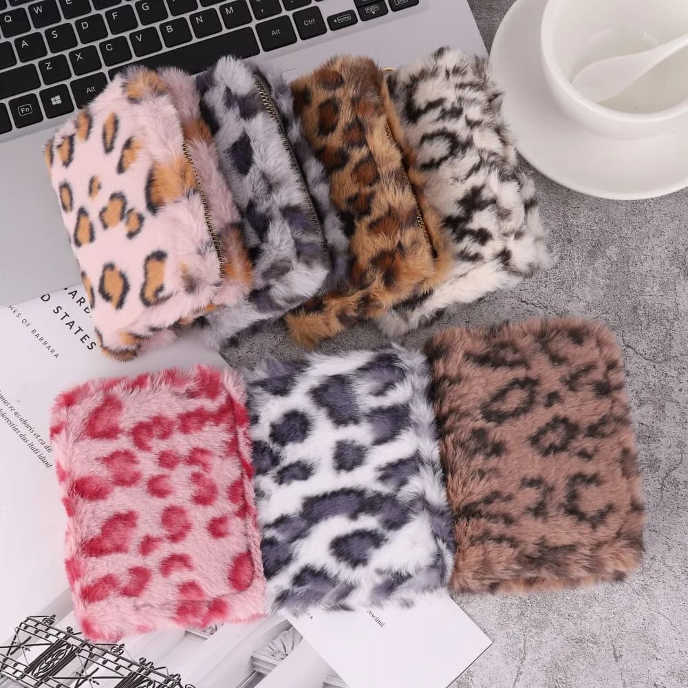 Portable Leopard Striped Color Plush Card Holder Multi-card Large Capacity Zipper Wallets with Zipper Card Storage Bag Women