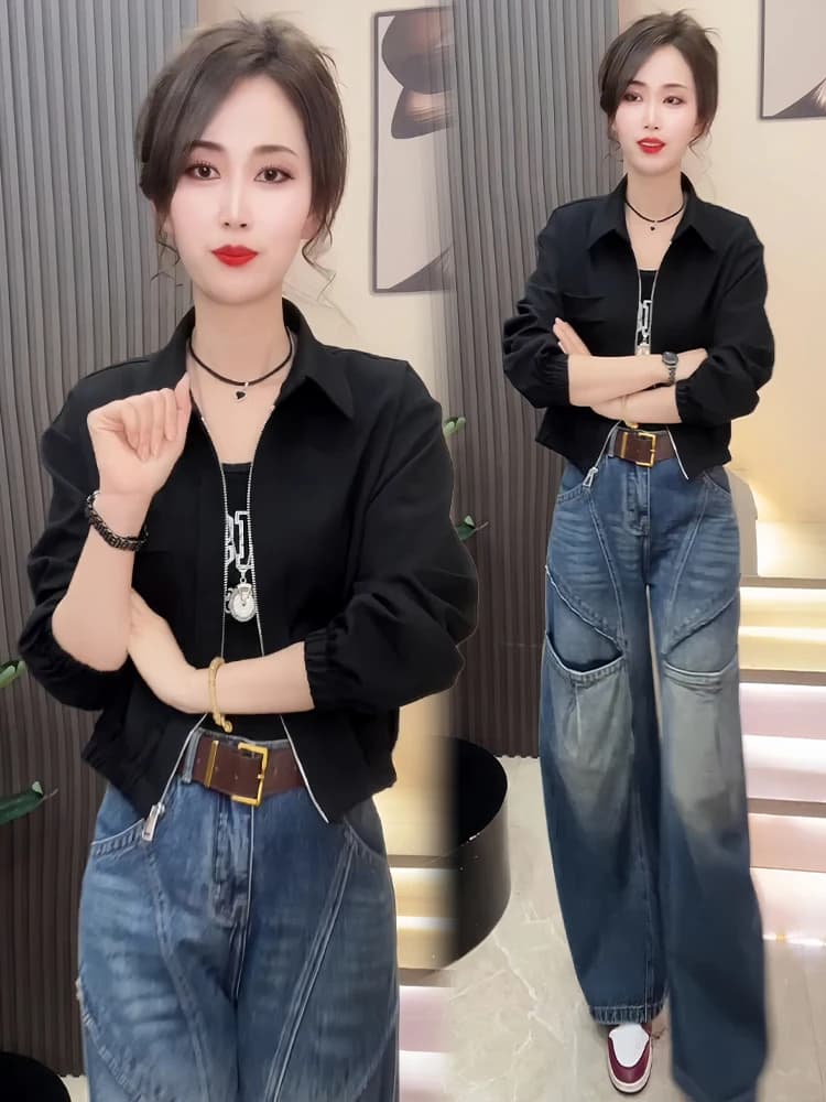 Fashionable Short Flip-Collar Jacket Women's Stylish Slimming Spring Autumn New Style Casual Loose Fit Long Sleeve Coat
