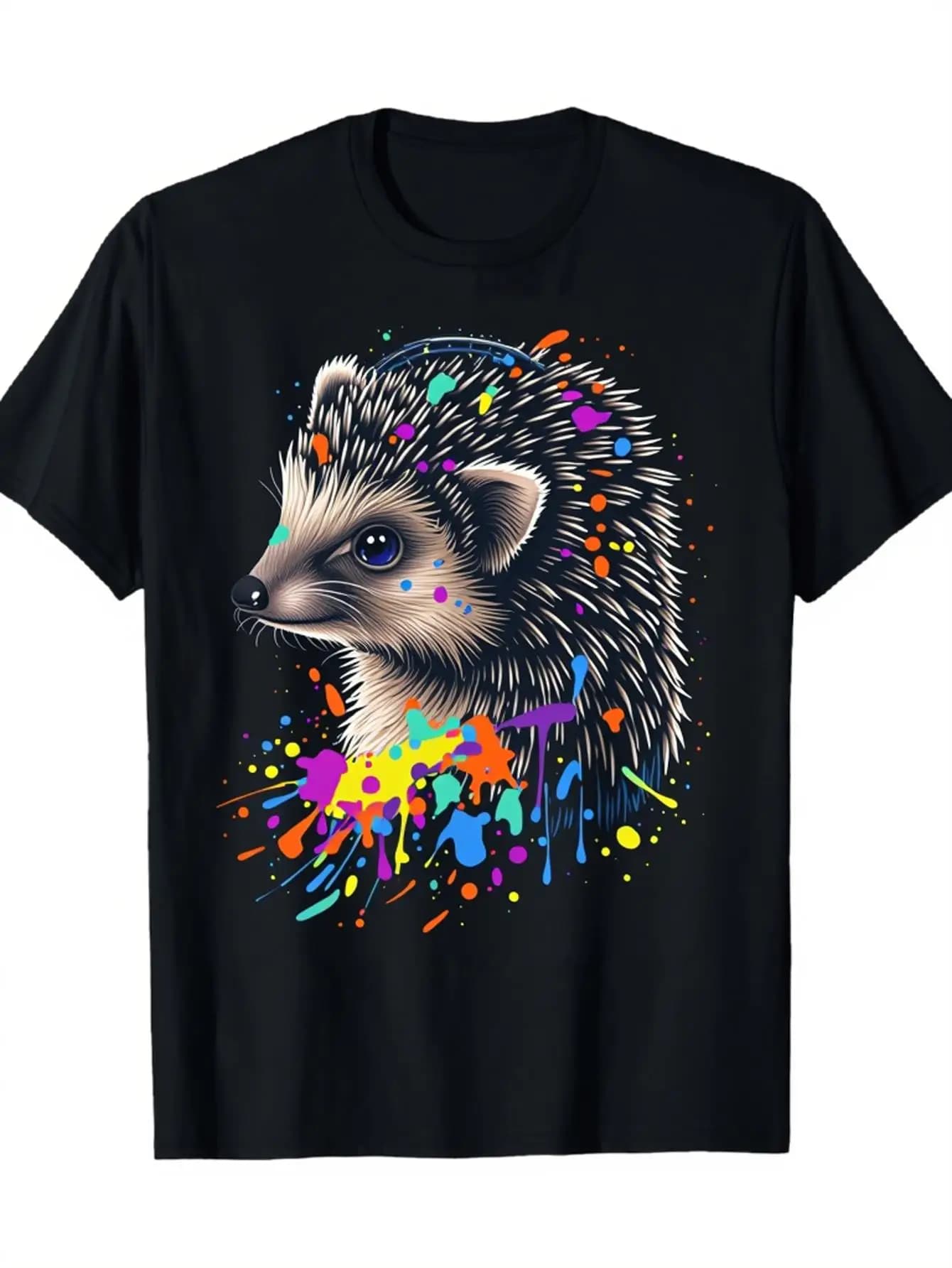 Maglietta con grafica Hedgehog Watercolor Splash | Stampa artistica con animali carini, girocollo casual, t-shirt a maniche corte, Un