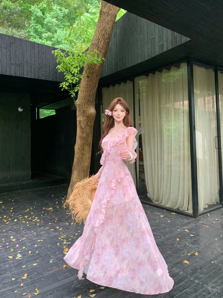 Kumikumi Gentle Wind Pastel Pink Floral Print Strap Dress Women's Summer Slimming Long Dress A-Line Skirt V-Neck Sleeveless