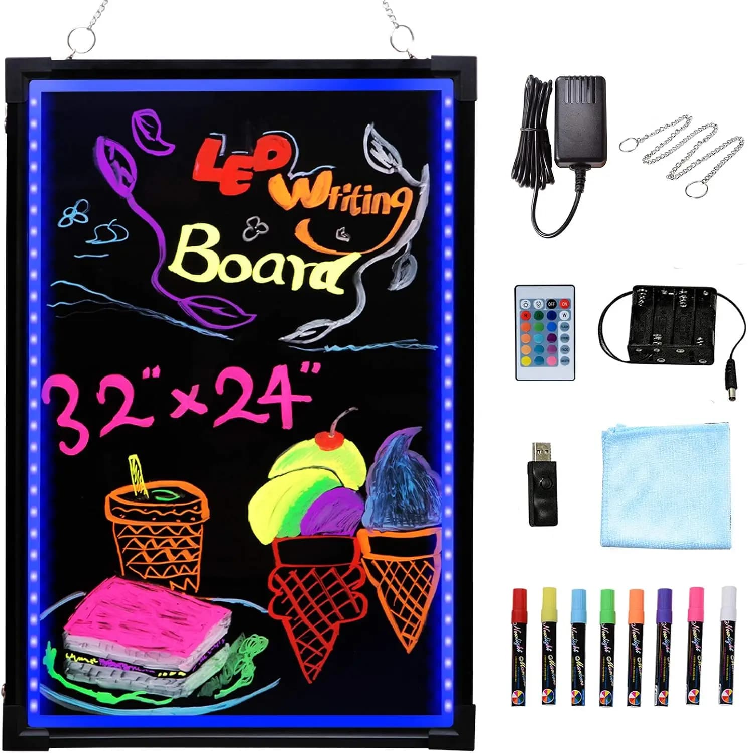 Insegna LED 32x24 Pollici, Cartello Luminoso Lampeggiante con Telecomando, 8 Pennarelli Colorati, Alimentazione USB/Batteria