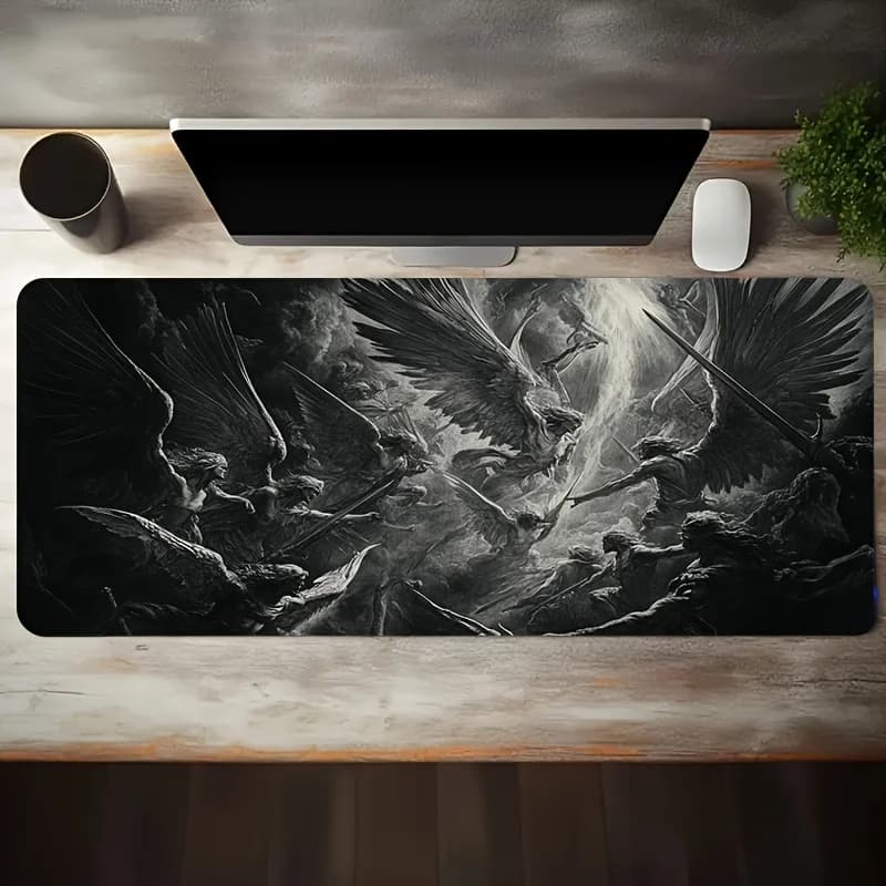 Tappetino per Mouse XXL Angel War, Design Epico in Bianco e Nero, Antiscivolo, Lavabile, in Gomma, per PC, Ufficio e Accessori Computer