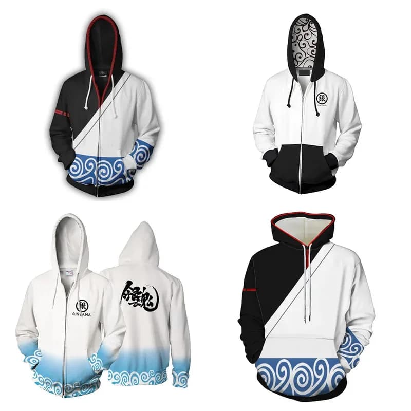 Anime Gintama Pullover Sakata Gintoki Felpe con cappuccio Giacca cosplay Felpa con cerniera Abbigliamento unisex Stampa 3D Cappotto con cappuccio con cappuccio