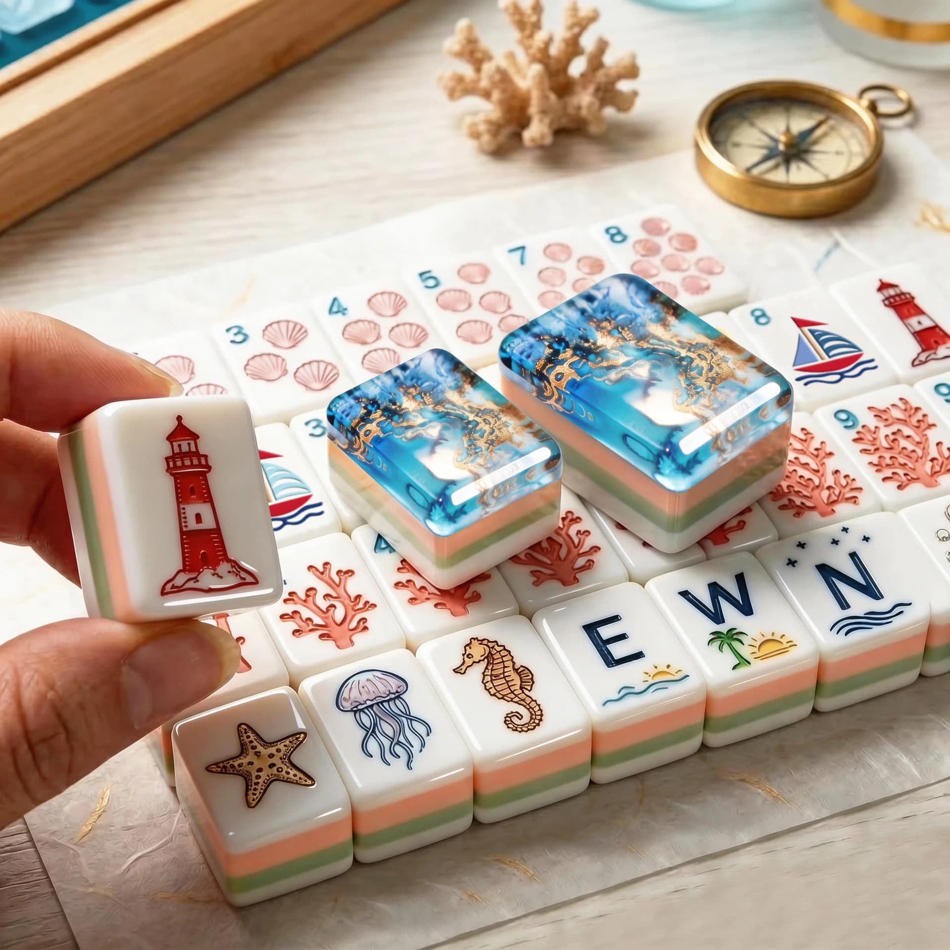 Deluxe Four Layer Carved Ocean Mermaid Pattern American Mahjong Set with 160 tiles, suitable for gatherings