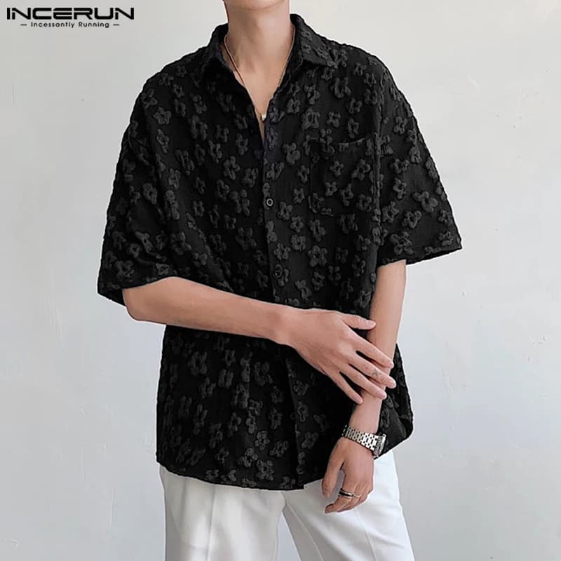 INCERUN top 2024 camicie da uomo fiore Jacquard stile coreano risvolto manica corta abbigliamento Streetwear camicetta allentata alla moda S-5XL