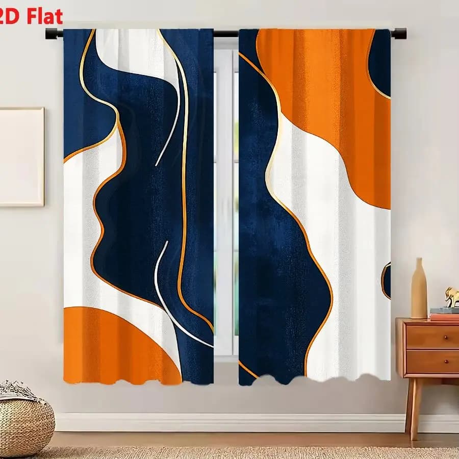 2Pcs Curtains 2D Flat Abstract Artwork With Navy Blue Terracotta And Cream Flowing Shapes Window Drapes for Bedroom Room Decor D