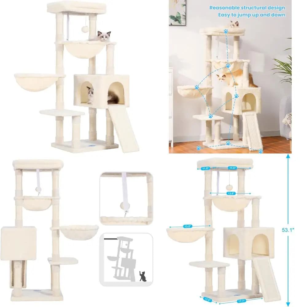 Torre per gatti da interno con letto imbottito, accogliente condominio, amache e tiragraffi in sisal - Beige MPJ006-MM