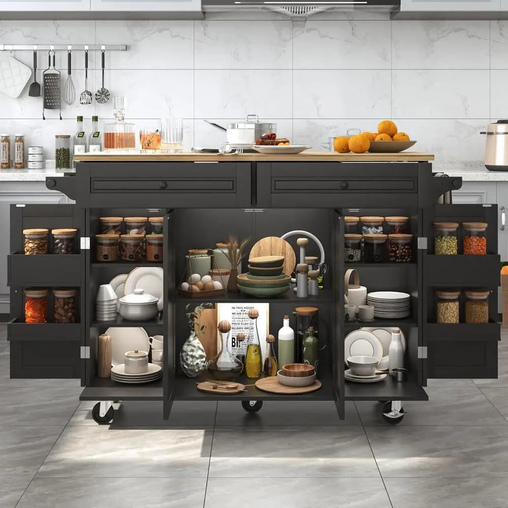 Isola da Cucina Mobile 55 con Piano in Legno, Bancone Colazione Pieghevole, Armadietto Contenitore, Porta Spezie e Portasciugamani, Nera