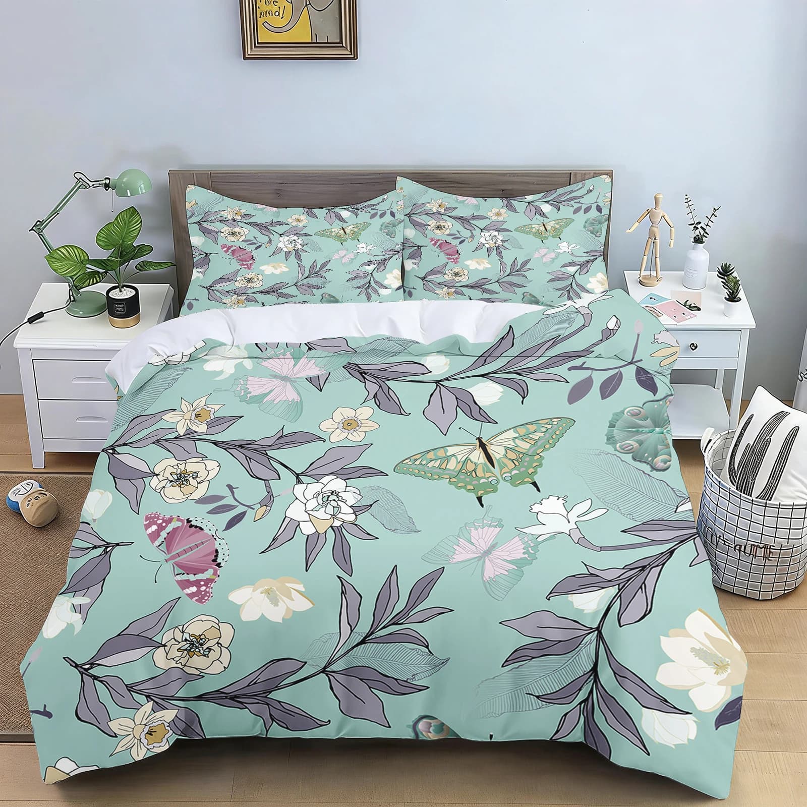 Set copripiumino astratto con montagna, linea verde oro, set biancheria da letto ad acquerello, biancheria da letto in morbida microfibra per camera da letto