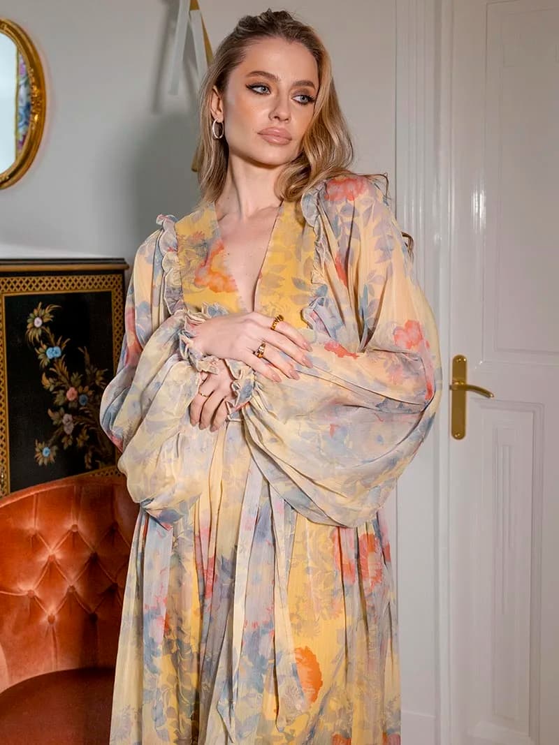 Elegante fasciatura in chiffon maxi abito da spiaggia giallo floreale pieghettato abiti a maniche lunghe Boho sexy avvolgenti abiti lunghi estivi donna 2024
