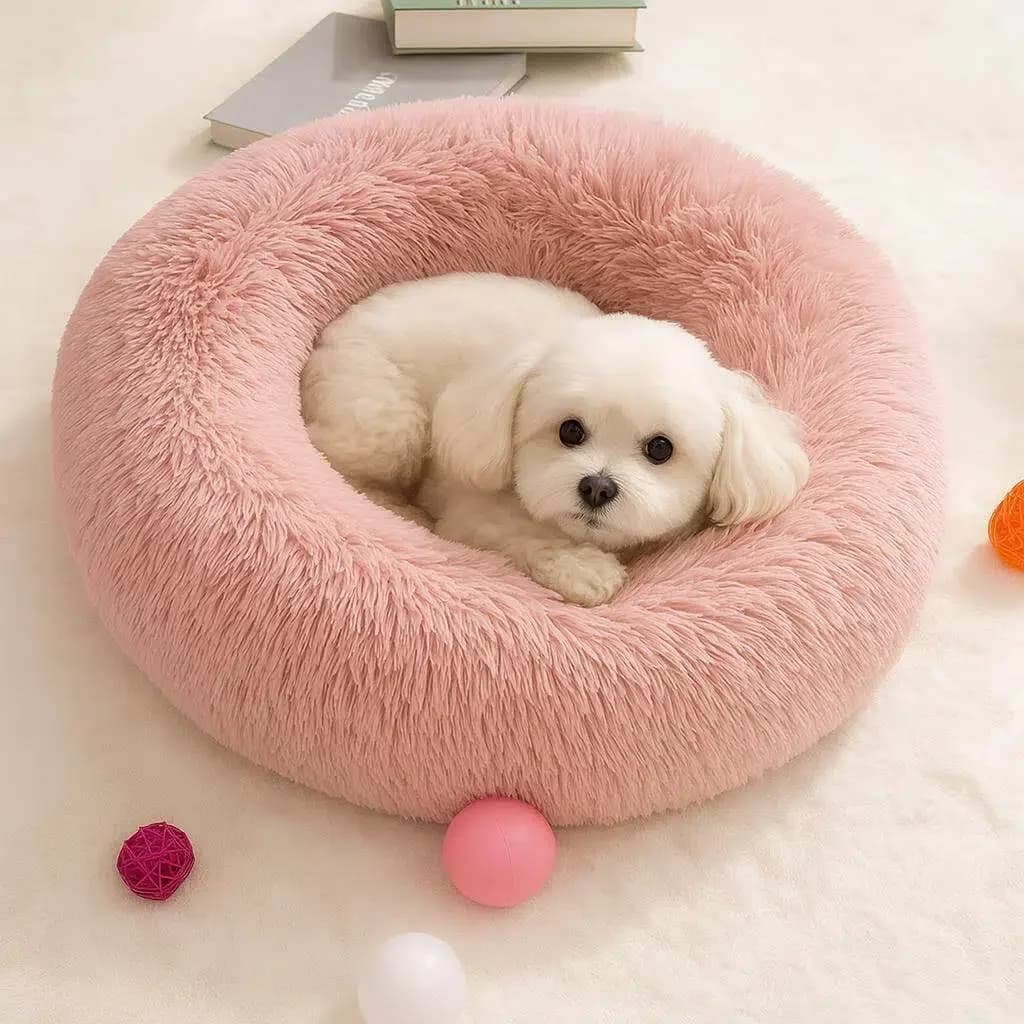 Fluffy Round Donuts Dog Bed Sofa Plush Couch for Small Cat Bed Soft Cozy Pet Mat in Beige Brown Gray Pink Blue Sizes S to XXXL