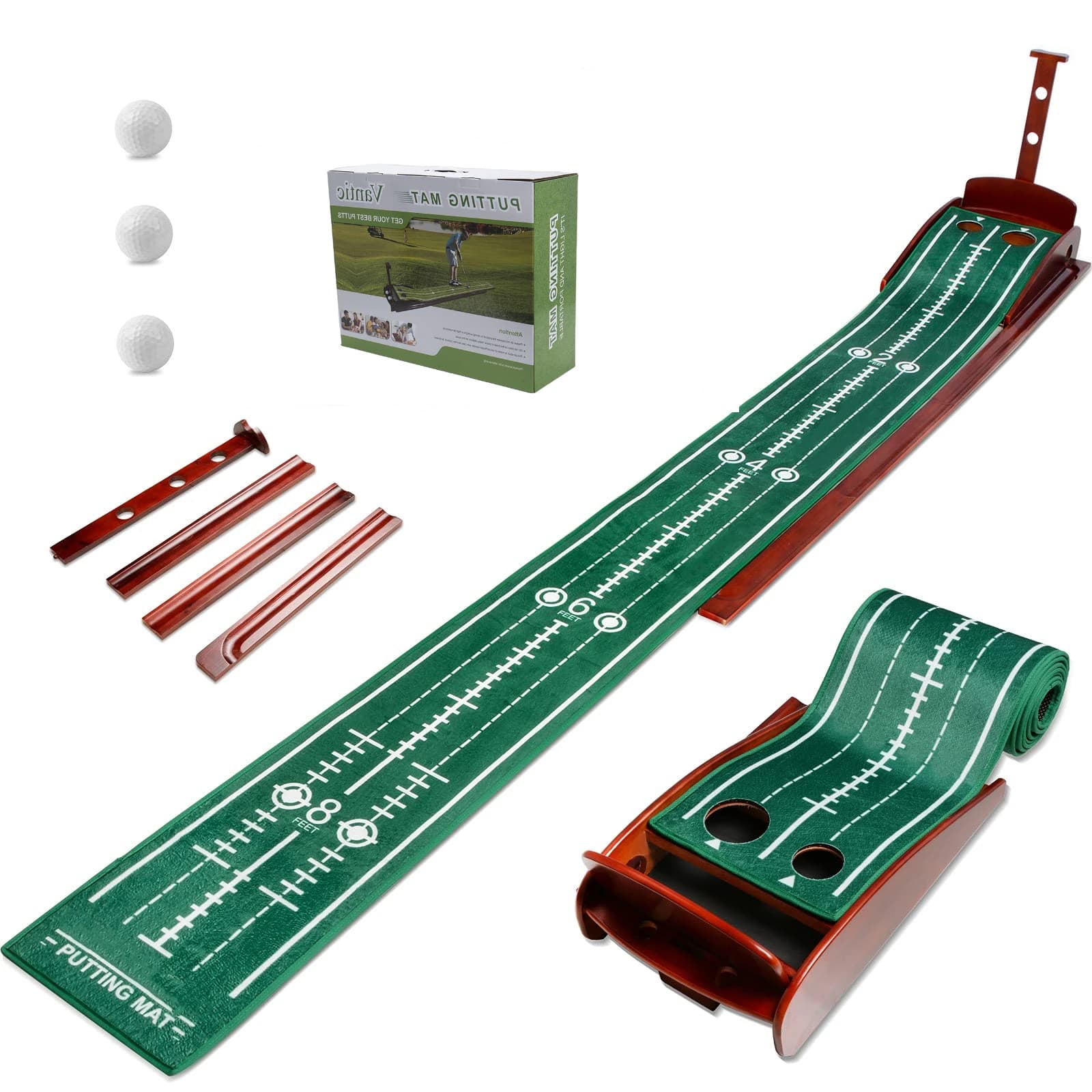 Premium Wooden Golf Putting Mat with Automatic Ball Return Velvet Training Aid for Home Office Portable Golf Gift