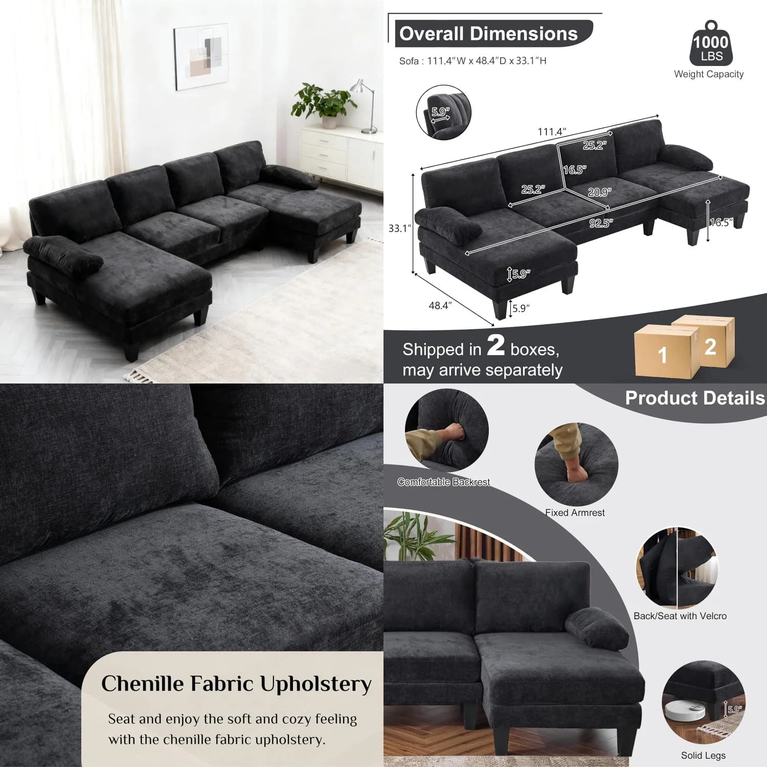 111" U-Shaped Sectional Sofa Chenille Fabric Wood Grain Legs Living Room Apartment Office Black Customized