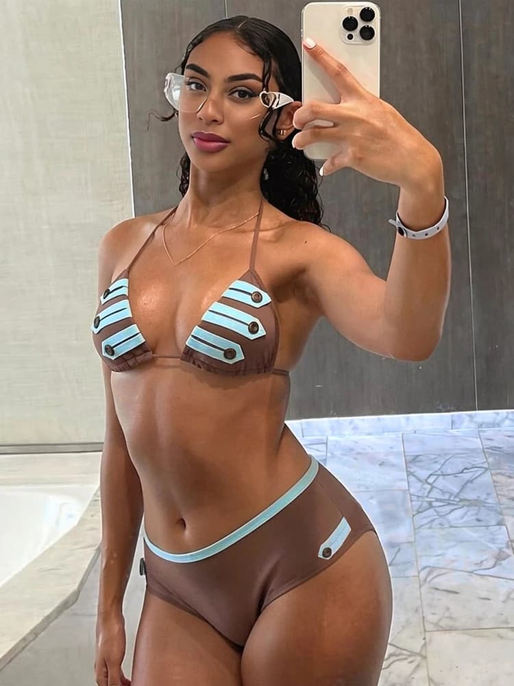 Sisterlinda Sexy Metal Hole Set bikini a 2 pezzi da donna con patchwork e allacciatura, reggiseno allacciato al collo + perizoma, costume da bagno per vacanze, spiaggia, feste e club
