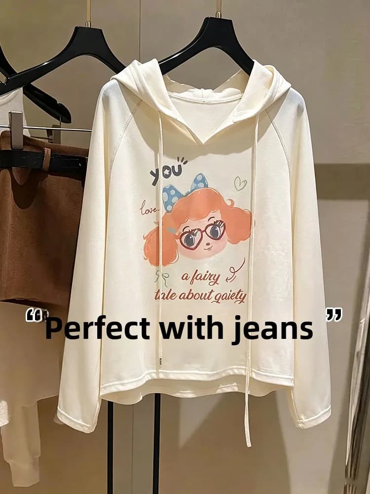 Retro Sweet Unique Print Hooded Sun Protection Cover up Women Summer Thin Loose Long Sleeve T Shirt Strapless Outerwear Top