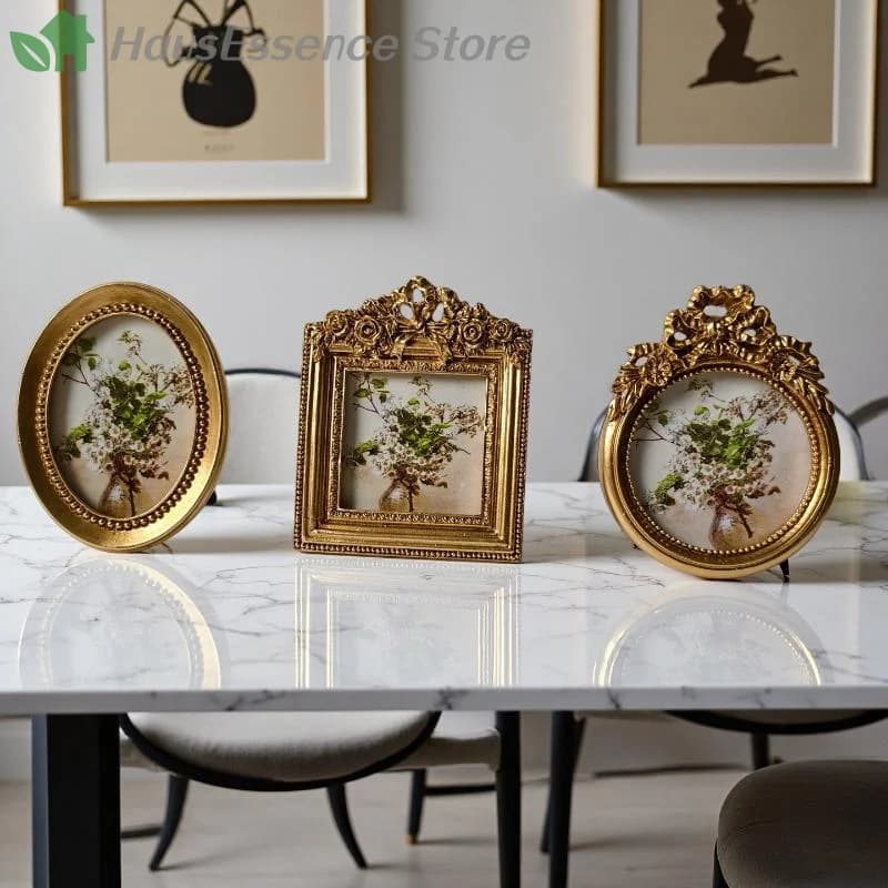 ※Creative Vintage Gold Resin Picture Frame Display Holder For Desk Wall Oval Photo Frame Small Retro Hanging Frame High