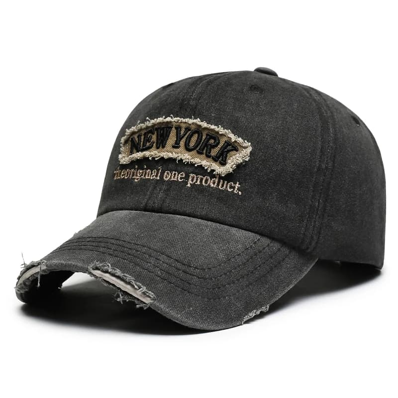 Vintage denim baseball cap with embroidery in letters and distressed effect, unisex, spring/summer, casual, outdoor, sun hat, fashionable.