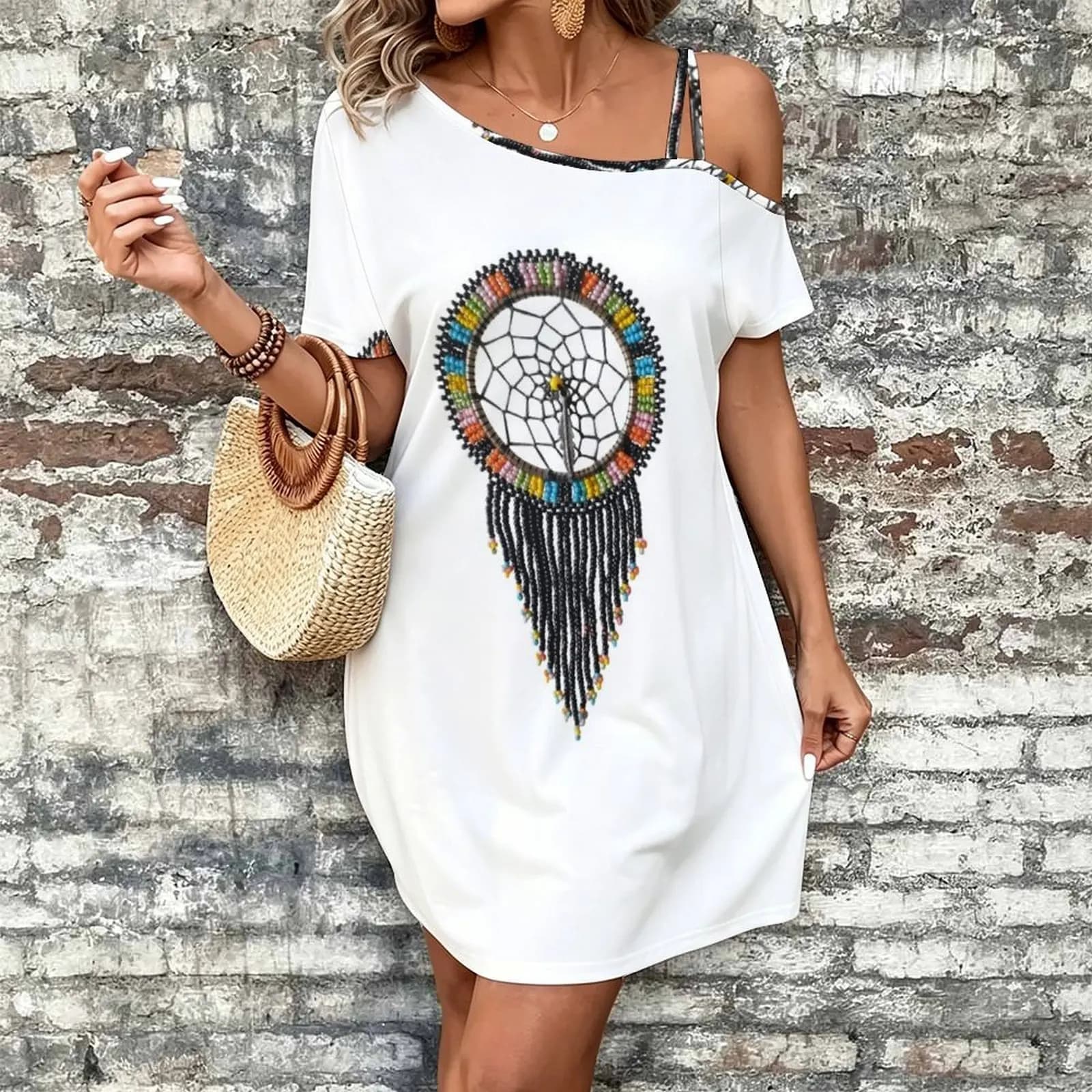 dreamcatcher Women's Slanted Shoulder Single Strap Short-Sleeved Dress