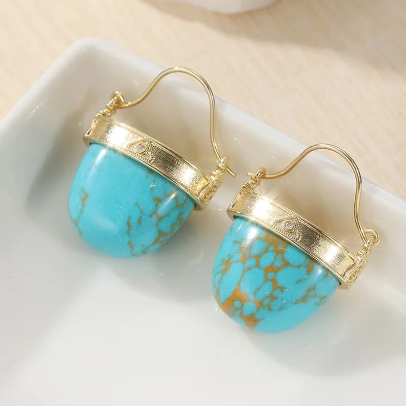 Vintage Green Turquoise Semi Circle Dangle Earrings Gold Plated Geometric Earrings For Women Elegant Temperament Jewelry