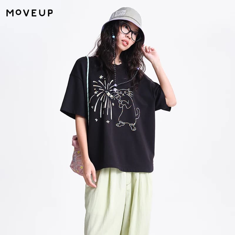 T-shirt Ricamata Multicolore MOVEUP Divertente, Collo Tondo in Cotone, Orlo Curvo, Top Casual da Donna per il Pendolarismo Primavera 2026 3ELC10532