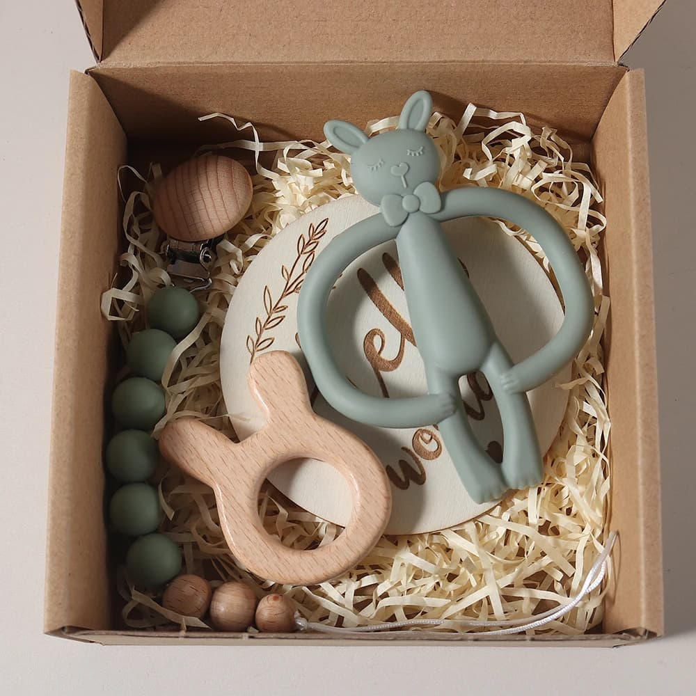Set di oggetti di scena per sfondo fotografico per bambini – Carte miliari per la crescita del neonato per servizi fotografici, set regalo per massaggiagengive coniglietto