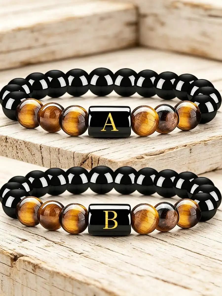 YAUKIA Gothic Men'S Tiger'S Eye & Obsidian Protection 26 Letters Bracelet , Summer Minimalist Jewelry , Brings Inner Strength, O
